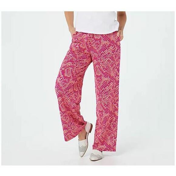 DENIM & CO. NEW $37 Tall Beach Pull-On Wide Leg Pant in Pink Python XXST - Picture 1 of 3